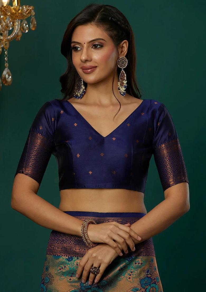 Light Blue And Dark Blue Woven Silk Sarees - Indya