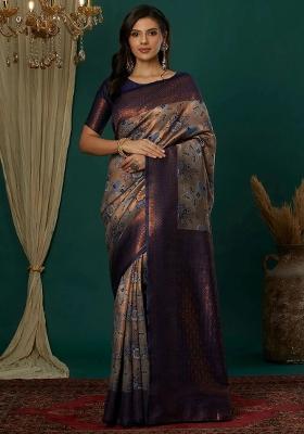 Grey And Dark Blue Woven Silk Sarees