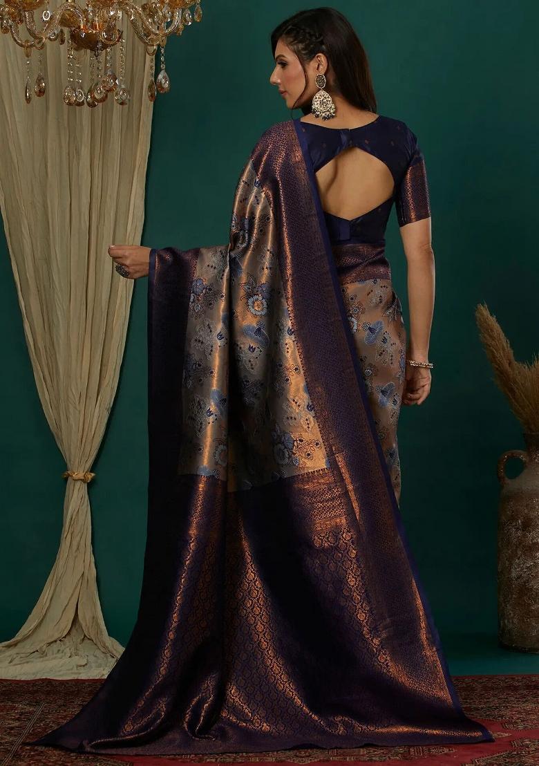 Grey And Dark Blue Woven Silk Sarees - Indya