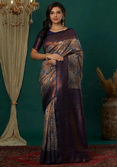 Grey And Dark Blue Woven Silk Sarees