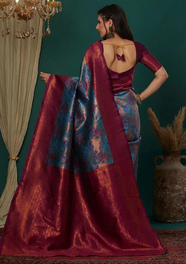 Light Blue And Pink Woven Silk Sarees - Indya