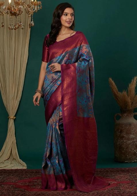 Light Blue And Pink Woven Silk Sarees