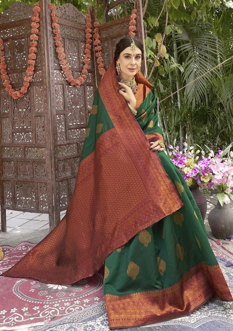 Green And Maroon Woven Silk Sarees - Indya