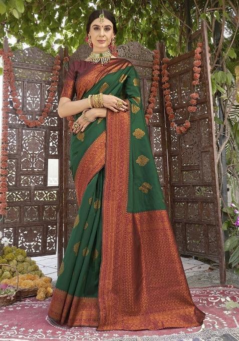 Green And Maroon Woven Silk Sarees