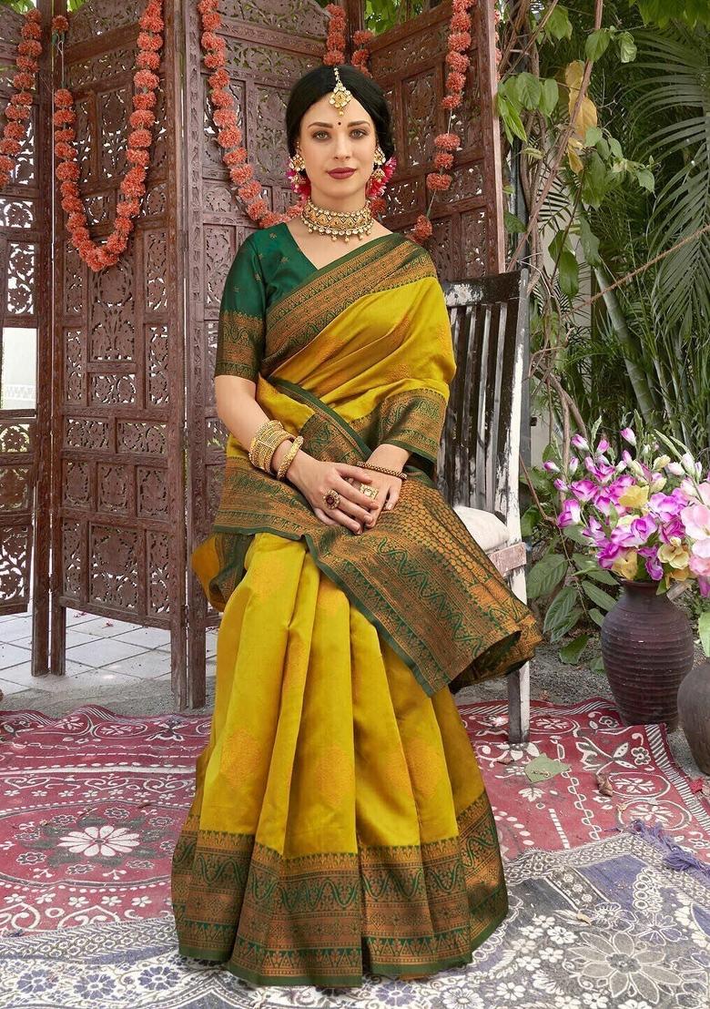 Yellow And Green Woven Silk Sarees - Indya