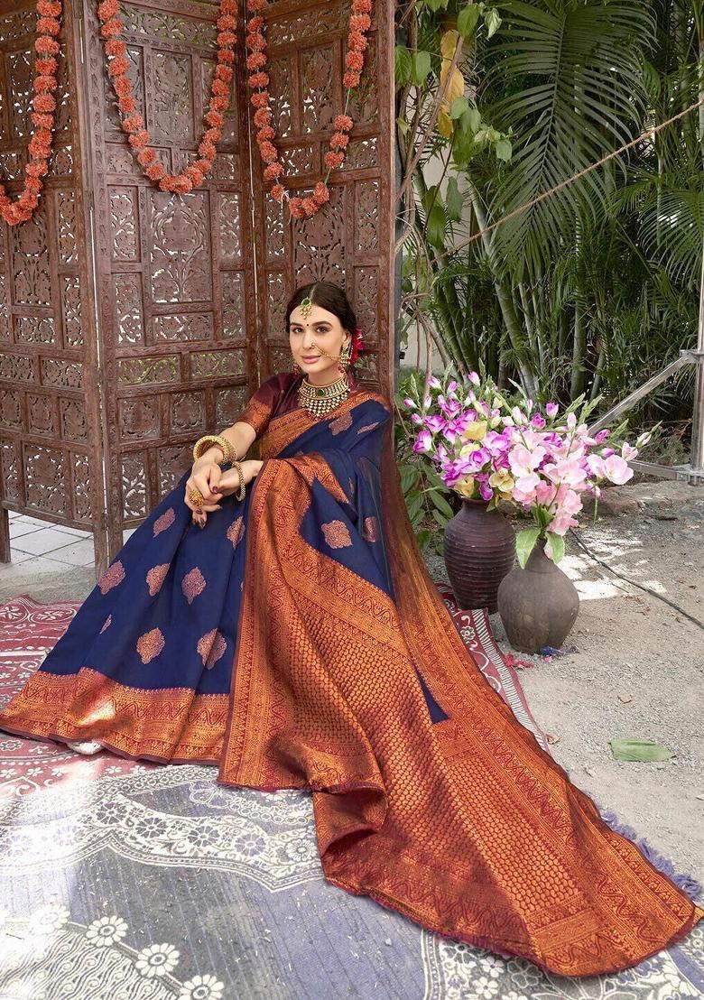 Blue Woven Silk Sarees - Indya