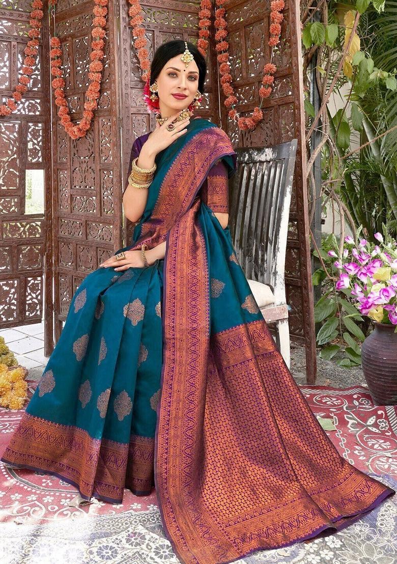 Light Blue Woven Silk Sarees - Indya