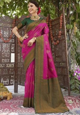 Pink And Green Woven Silk Sarees