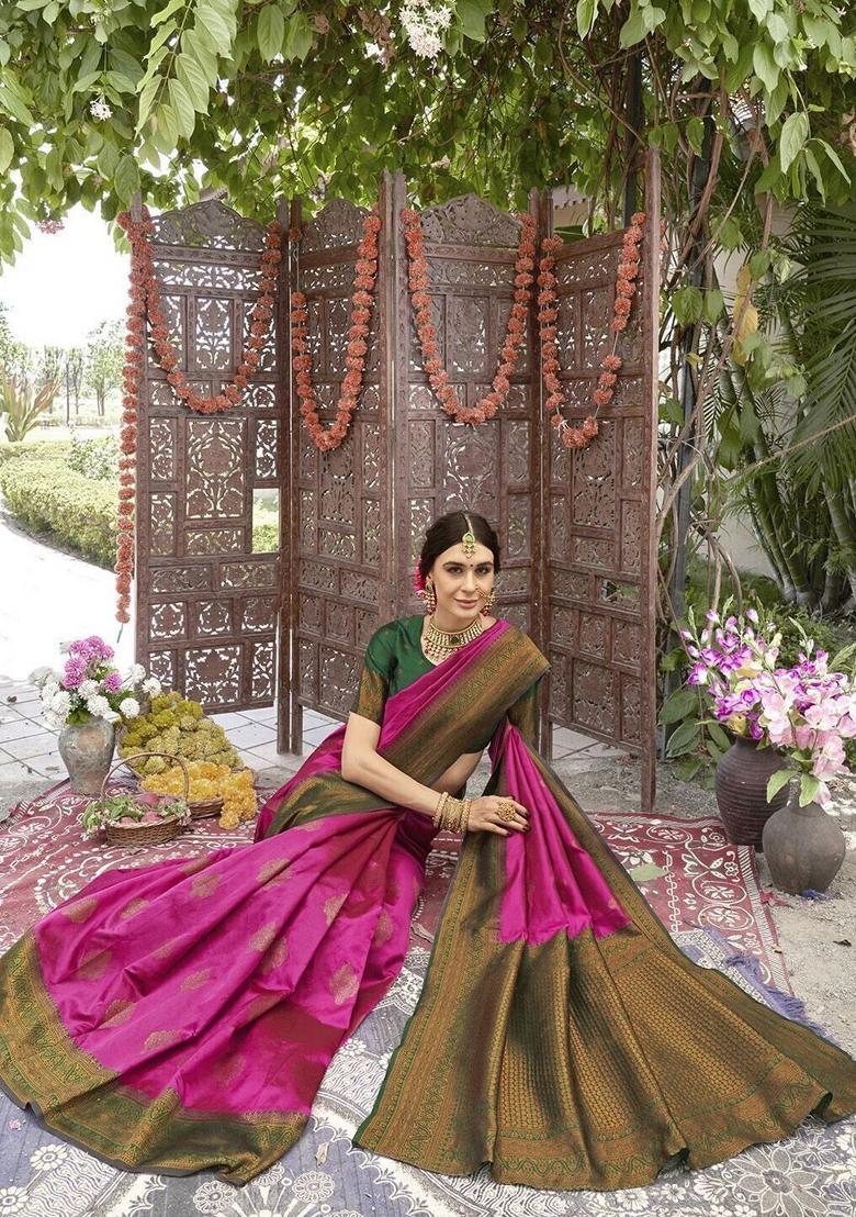 Pink And Green Woven Silk Sarees - Indya