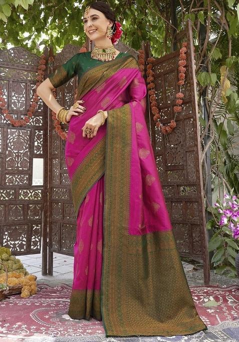 Pink And Green Woven Silk Sarees