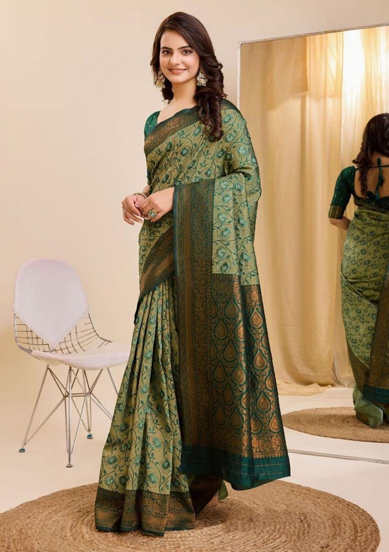 Green Woven Silk Sarees - Indya