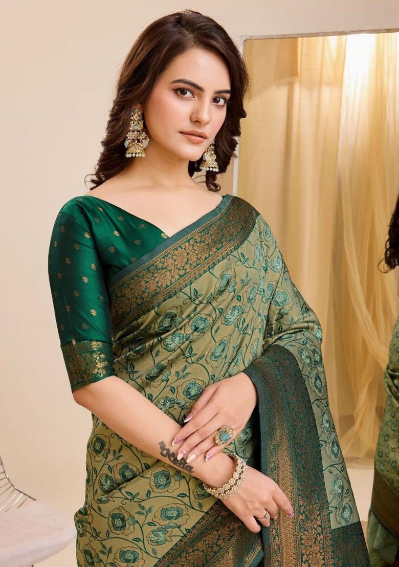 Green Woven Silk Sarees - Indya
