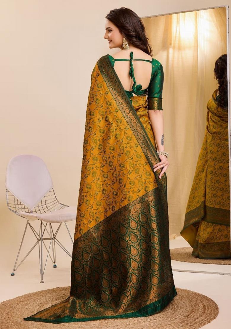 Mustard Woven Silk Sarees - Indya