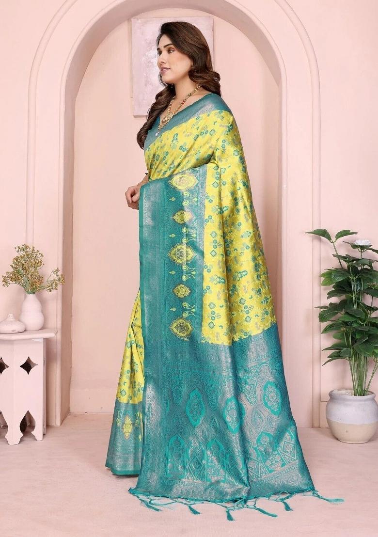 Light Green And Light Blue Woven Silk Sarees - Indya