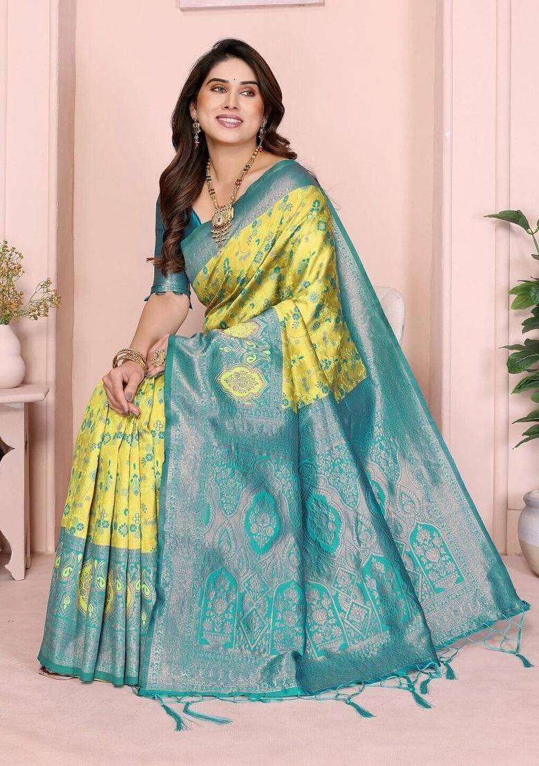 Light Green And Light Blue Woven Silk Sarees - Indya