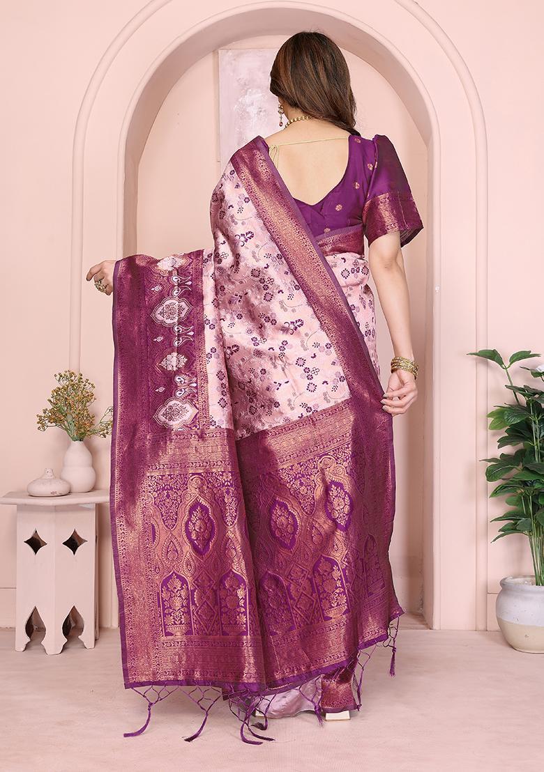 Pink And Purple Woven Silk Sarees - Indya