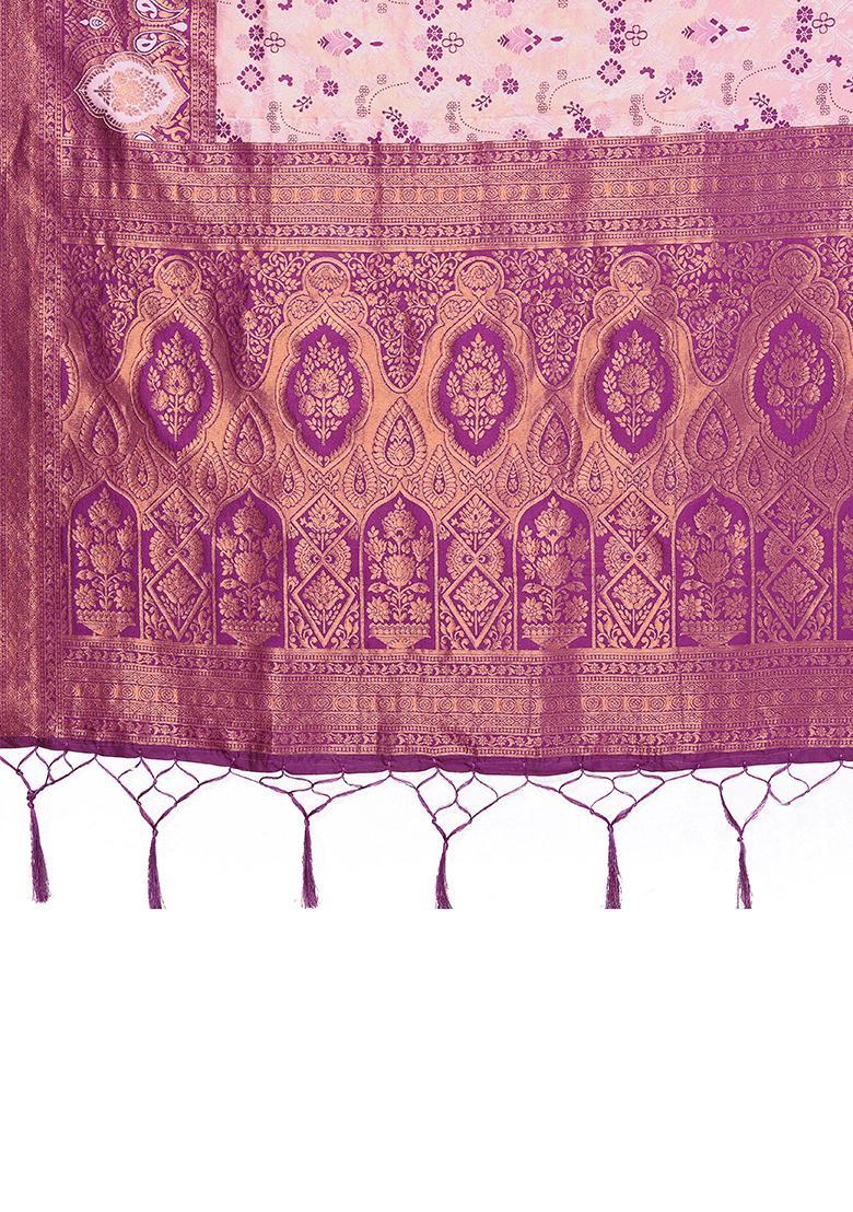 Pink And Purple Woven Silk Sarees - Indya