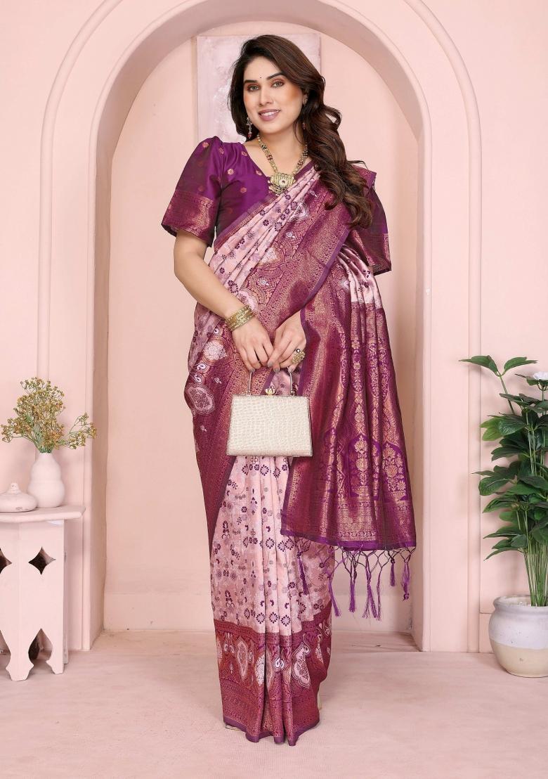 Pink Woven Silk Sarees - Indya