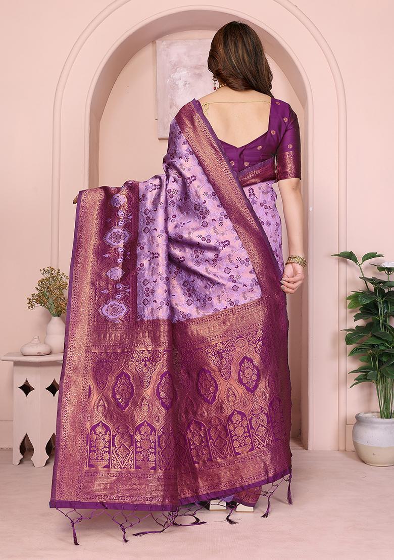 Purple Woven Silk Sarees - Indya
