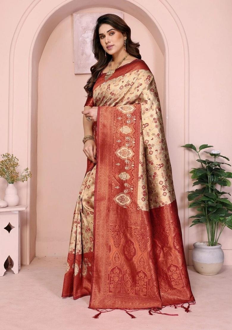 Cream And Maroon Woven Silk Sarees - Indya