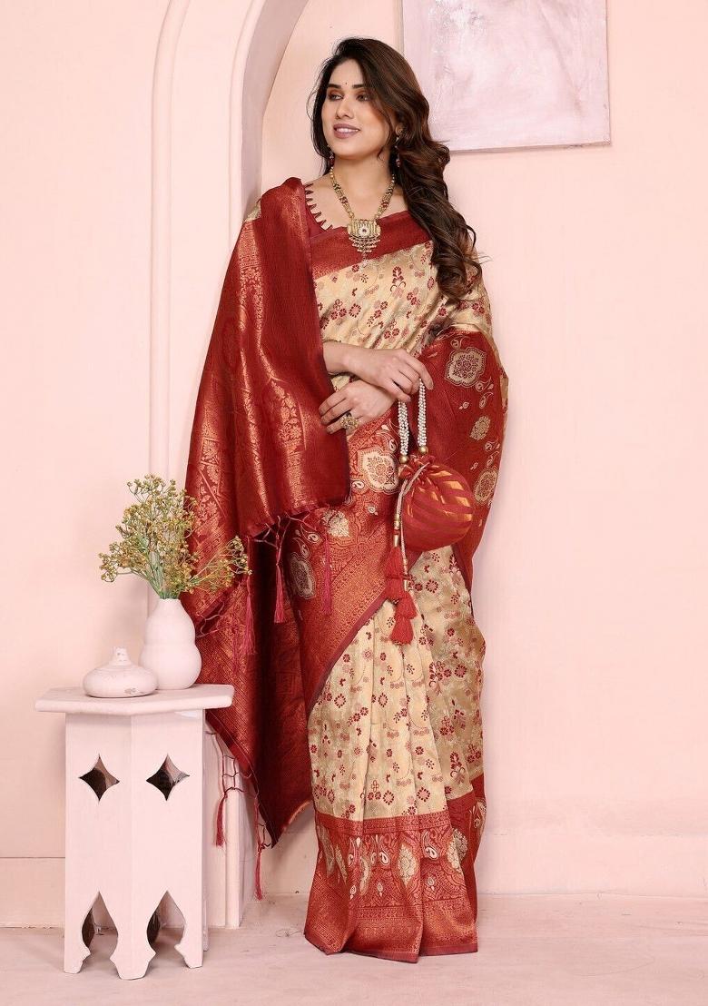 Cream And Maroon Woven Silk Sarees - Indya