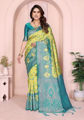 Yellow And Light Blue Woven Silk Sarees