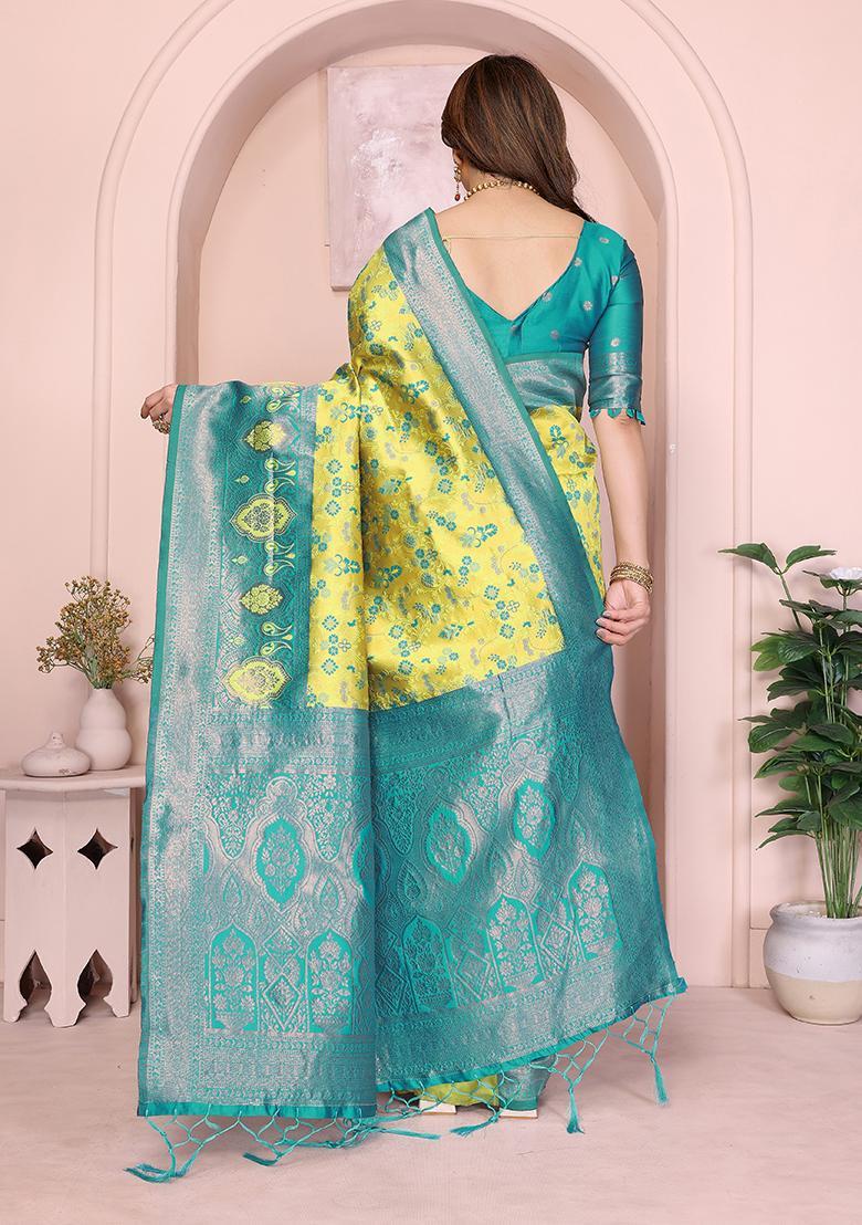 Yellow And Light Blue Woven Silk Sarees - Indya