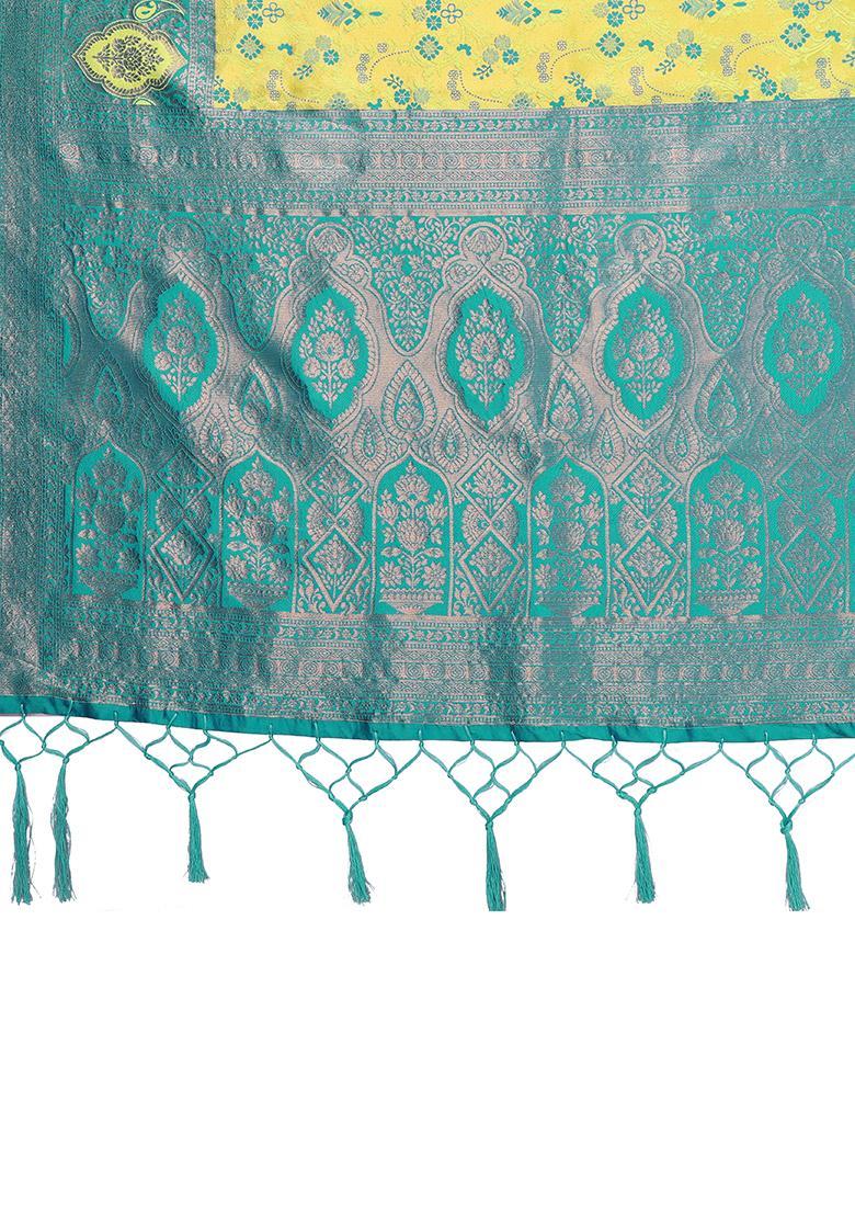 Yellow And Light Blue Woven Silk Sarees - Indya