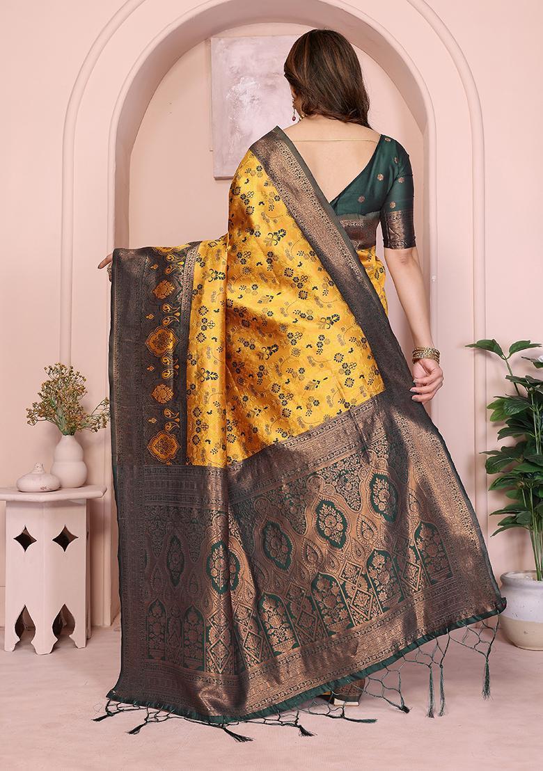 Yellow And Green Woven Silk Sarees - Indya