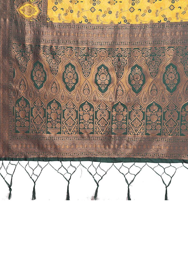 Yellow And Green Woven Silk Sarees - Indya