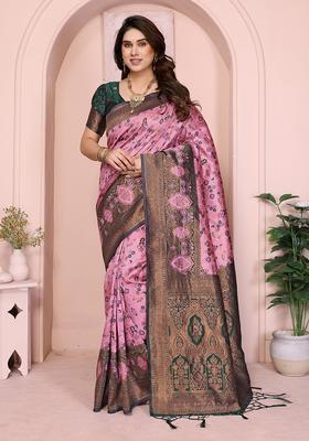 Pink And Green Woven Silk Sarees