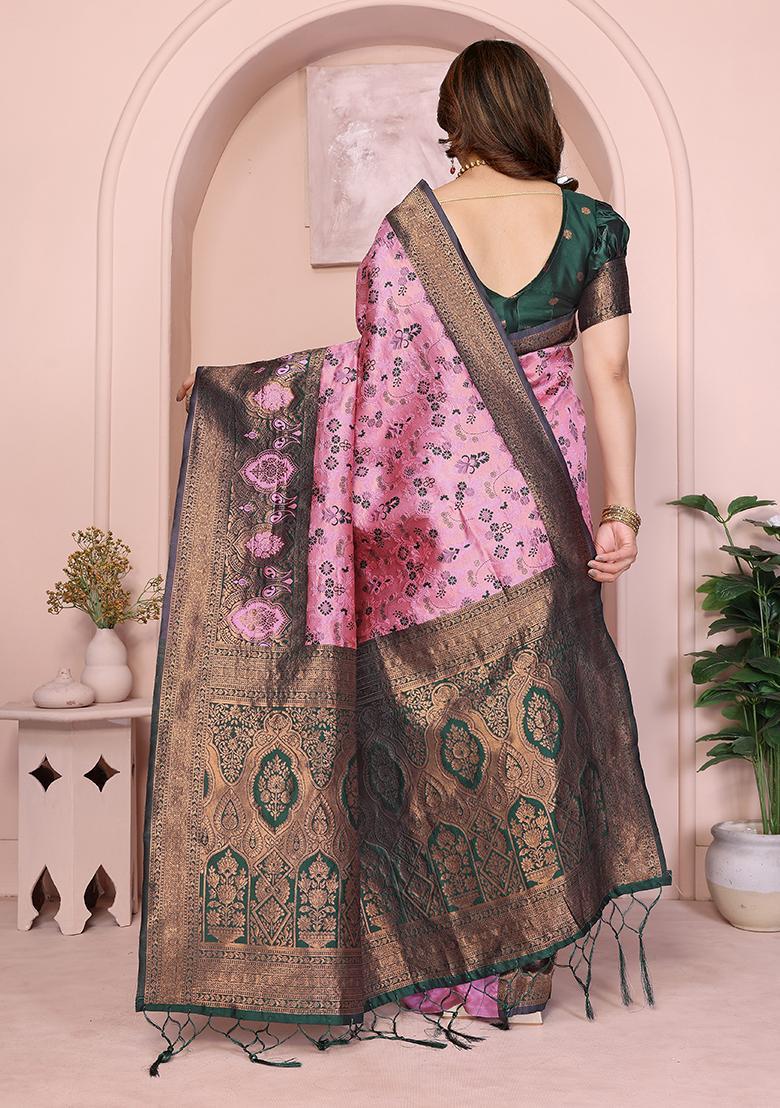 Pink And Green Woven Silk Sarees - Indya