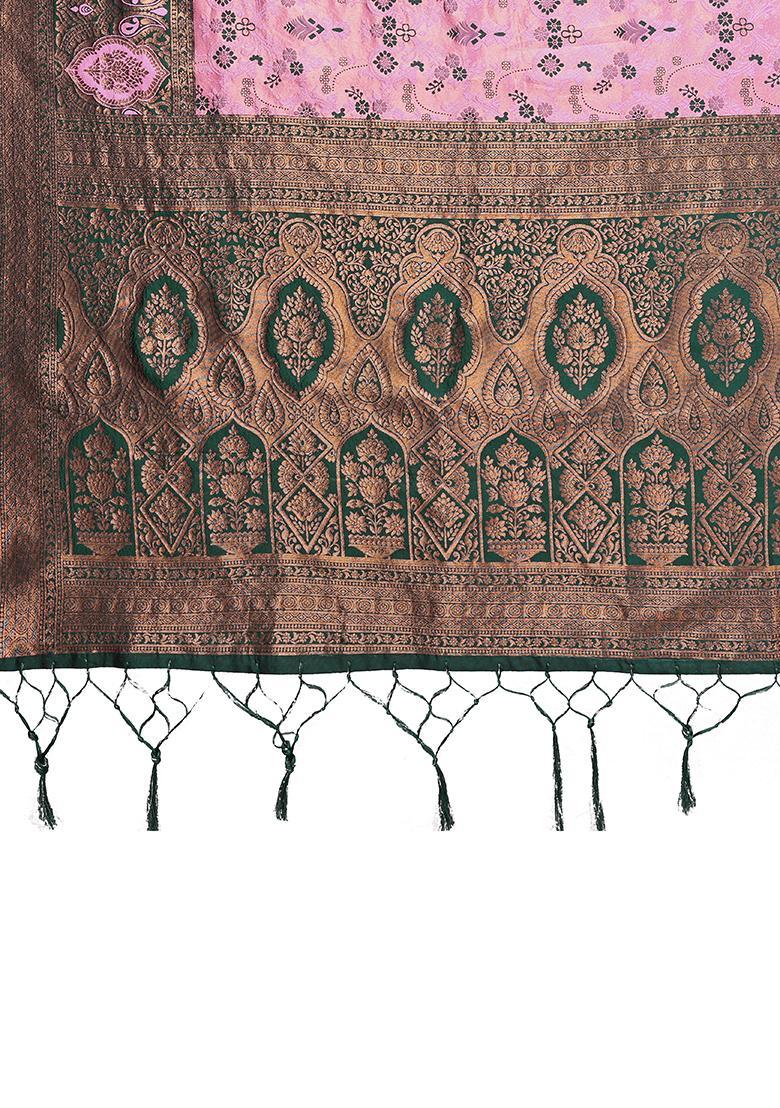 Pink And Green Woven Silk Sarees - Indya