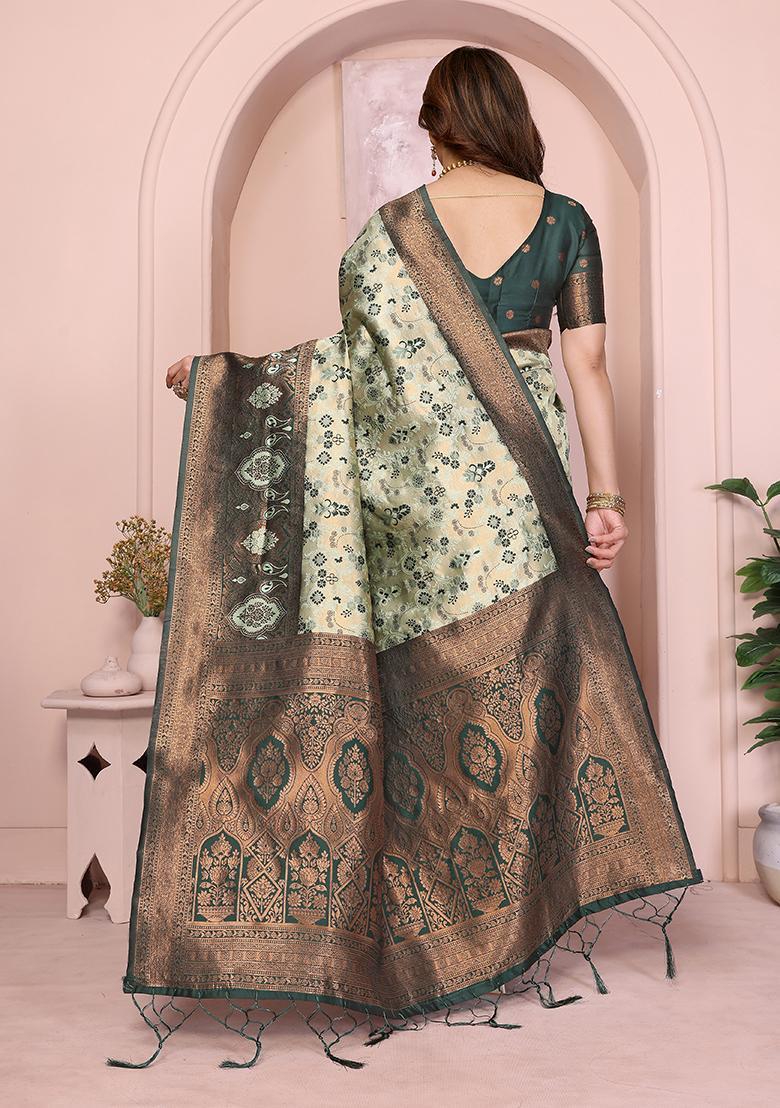 Light Green And Green Woven Silk Sarees - Indya