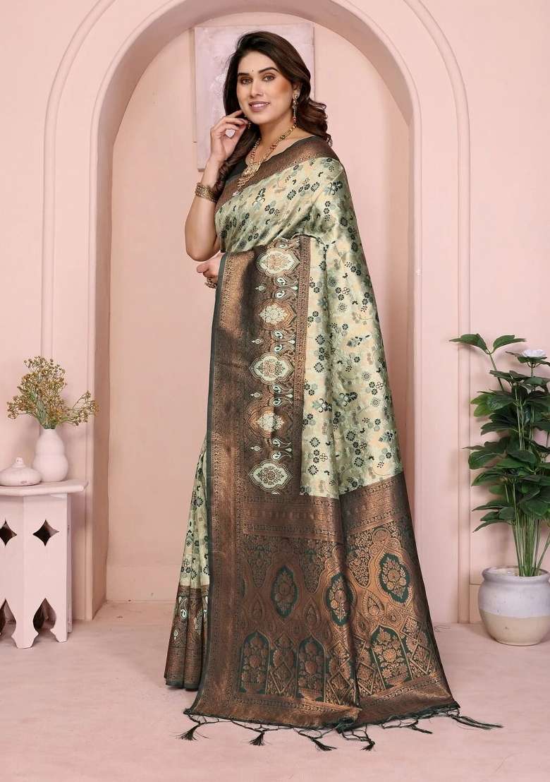 Light Green And Green Woven Silk Sarees - Indya