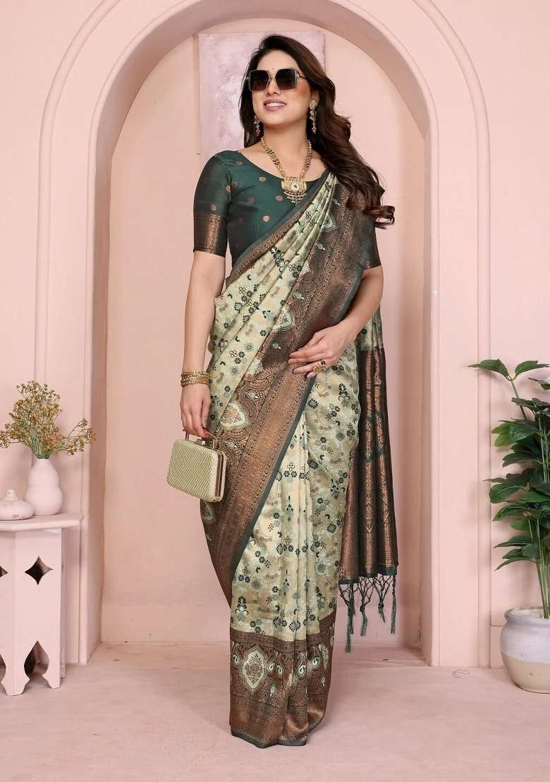 Light Green And Green Woven Silk Sarees - Indya