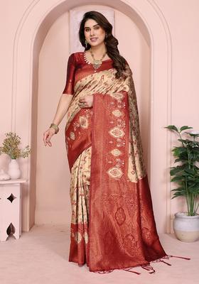 Cream And Maroon Woven Silk Sarees