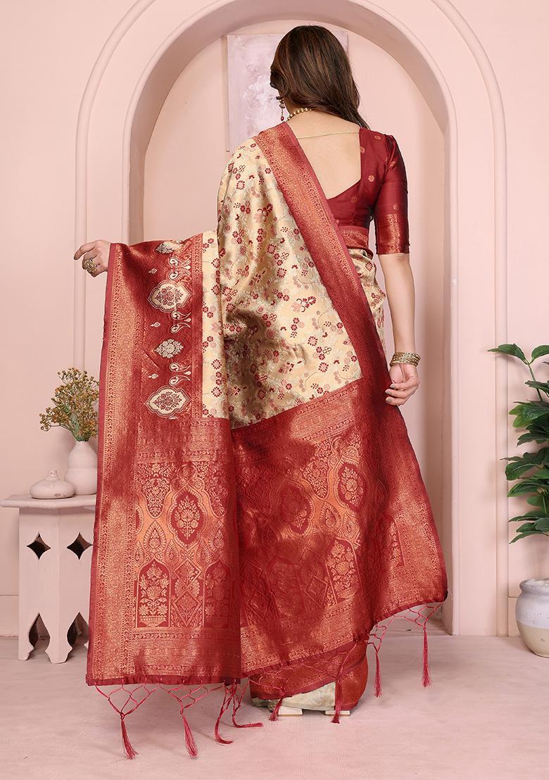 Cream And Maroon Woven Silk Sarees - Indya