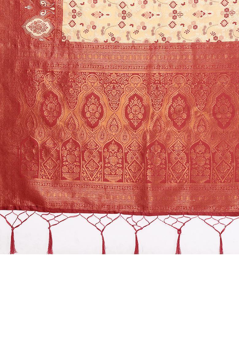 Cream And Maroon Woven Silk Sarees - Indya