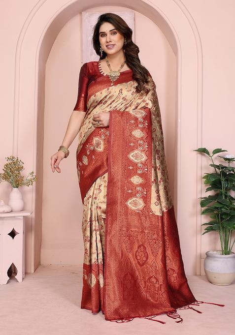 Cream And Maroon Woven Silk Sarees