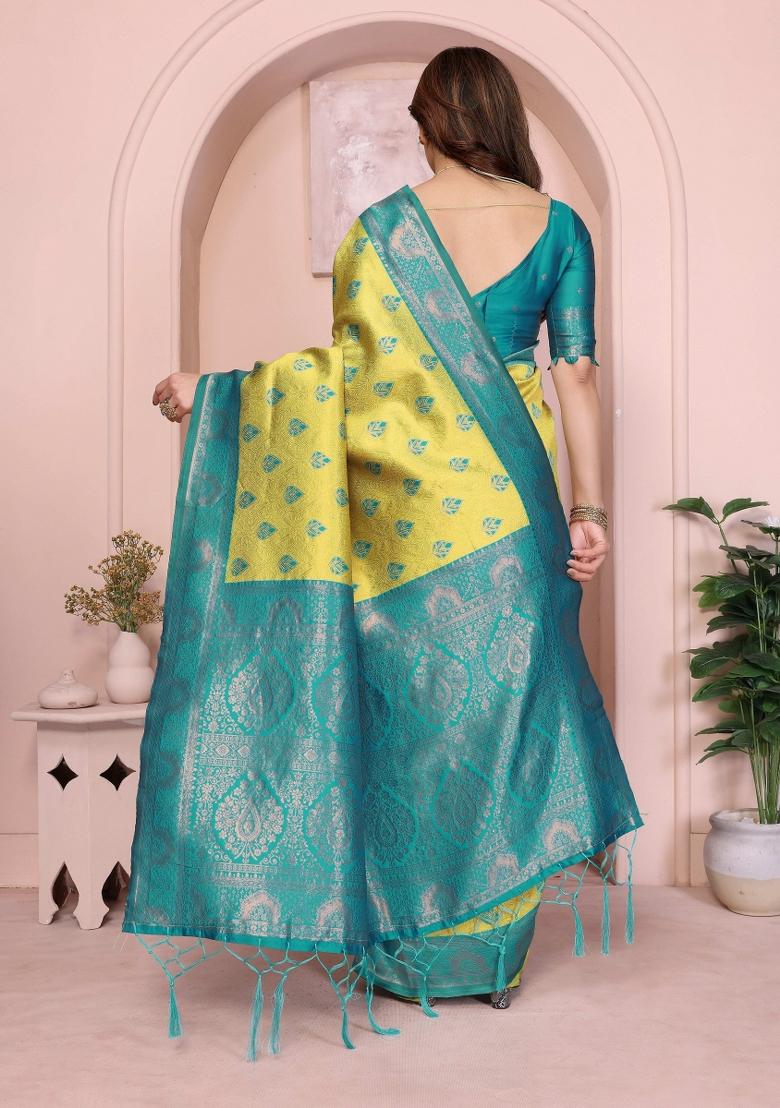 Yellow Woven Silk Sarees - Indya