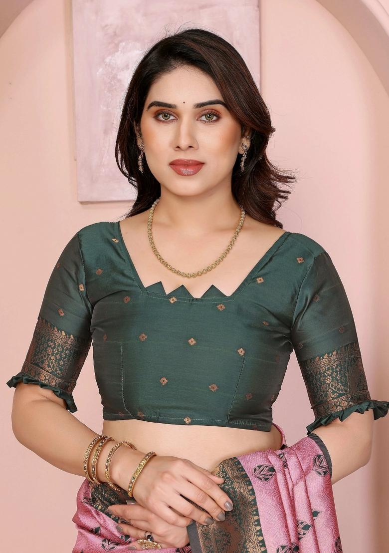Pink Woven Silk Sarees - Indya