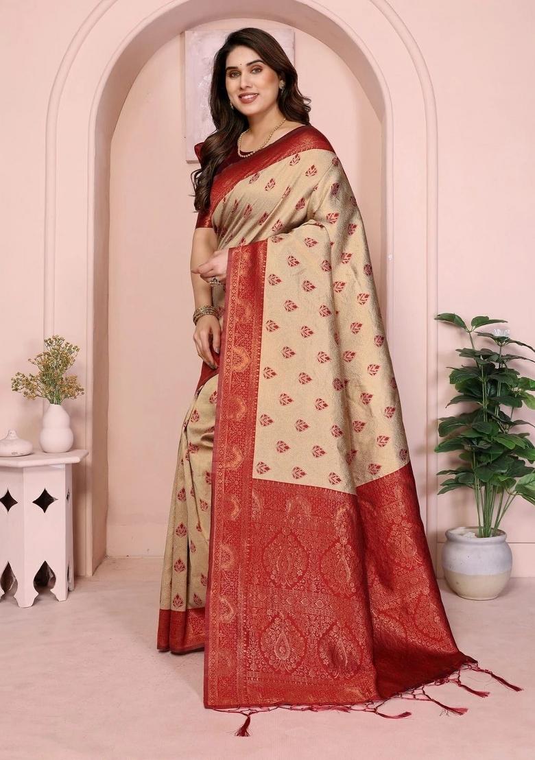 Cream And Maroon Woven Silk Sarees - Indya