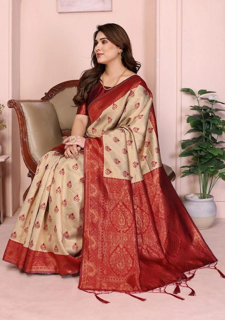 Cream And Maroon Woven Silk Sarees - Indya