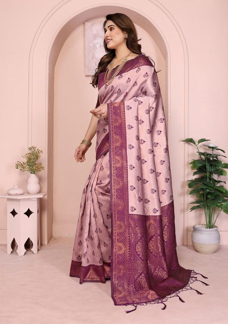 Pink And Purple Woven Silk Sarees - Indya