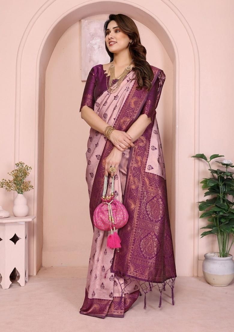 Pink And Purple Woven Silk Sarees - Indya