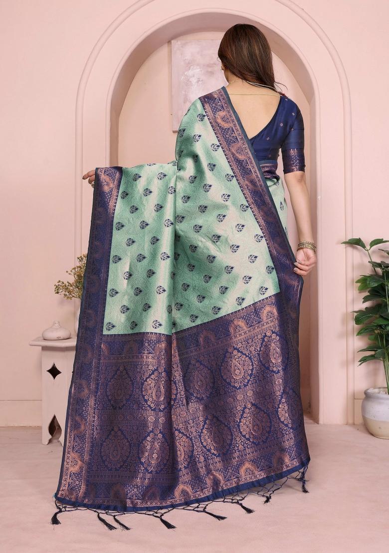 Light Blue Woven Silk Sarees - Indya
