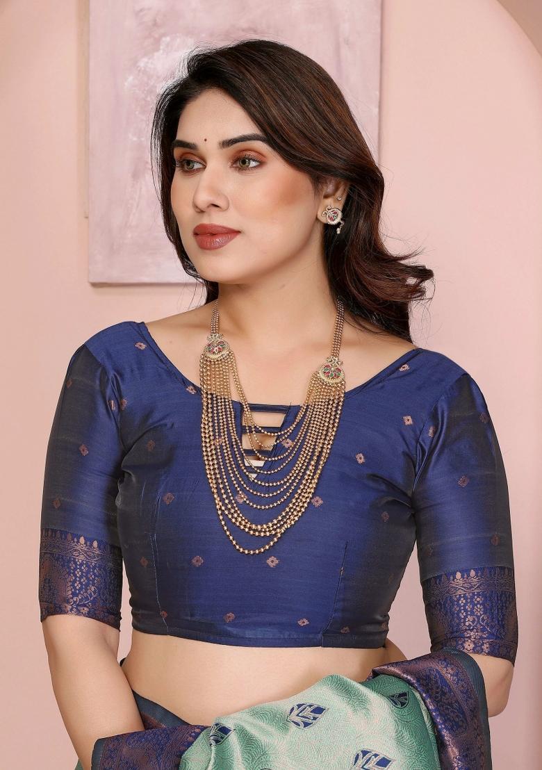 Light Blue Woven Silk Sarees - Indya