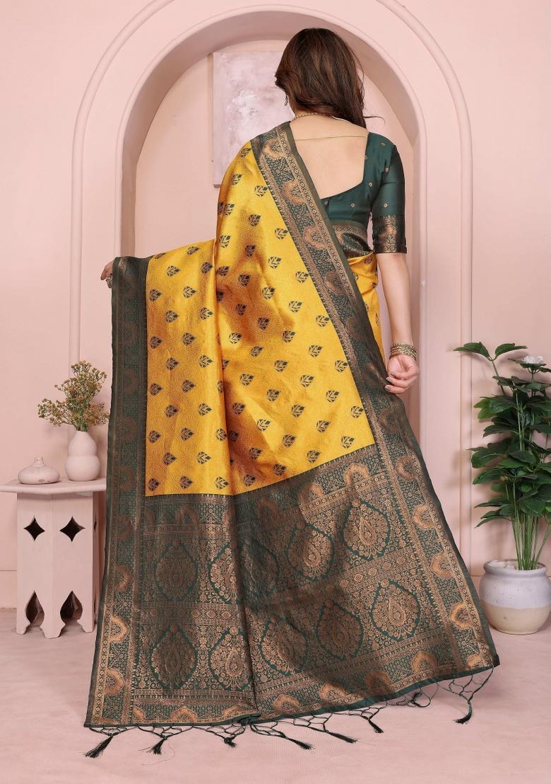 Yellow Woven Silk Sarees - Indya