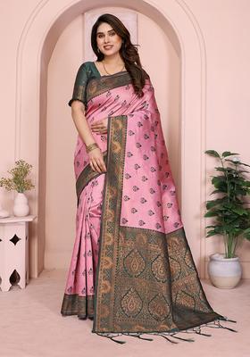 Pink And Green Woven Silk Sarees